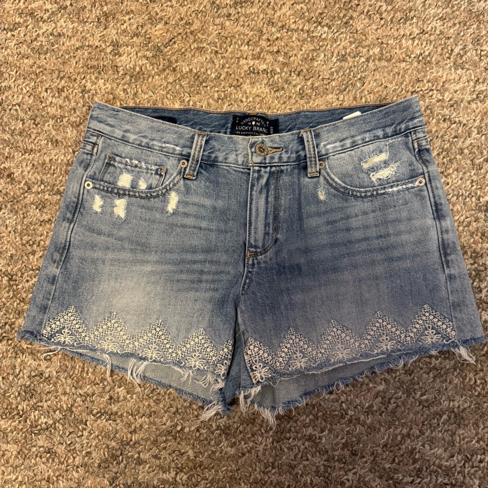 Lucky Brand Light Blue Embroidered Distressed Denim Shorts
